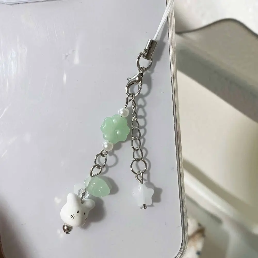 

Y2K Cute Beaded Phone Charm Hanging Decoration Trendy Look Ceramics Bunny Keychain Handmade Strap Cord Four Leaf Clover Pandant