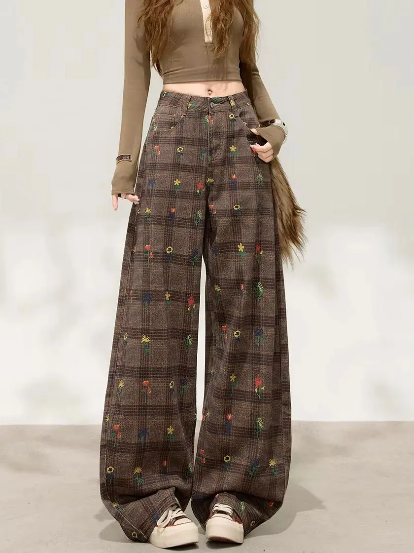 Women Brown Mesh Y2K Casual Trousers Jeans Grid Harajuku High Street American Retro Loose Long Pants Streetwear Clothes 2026