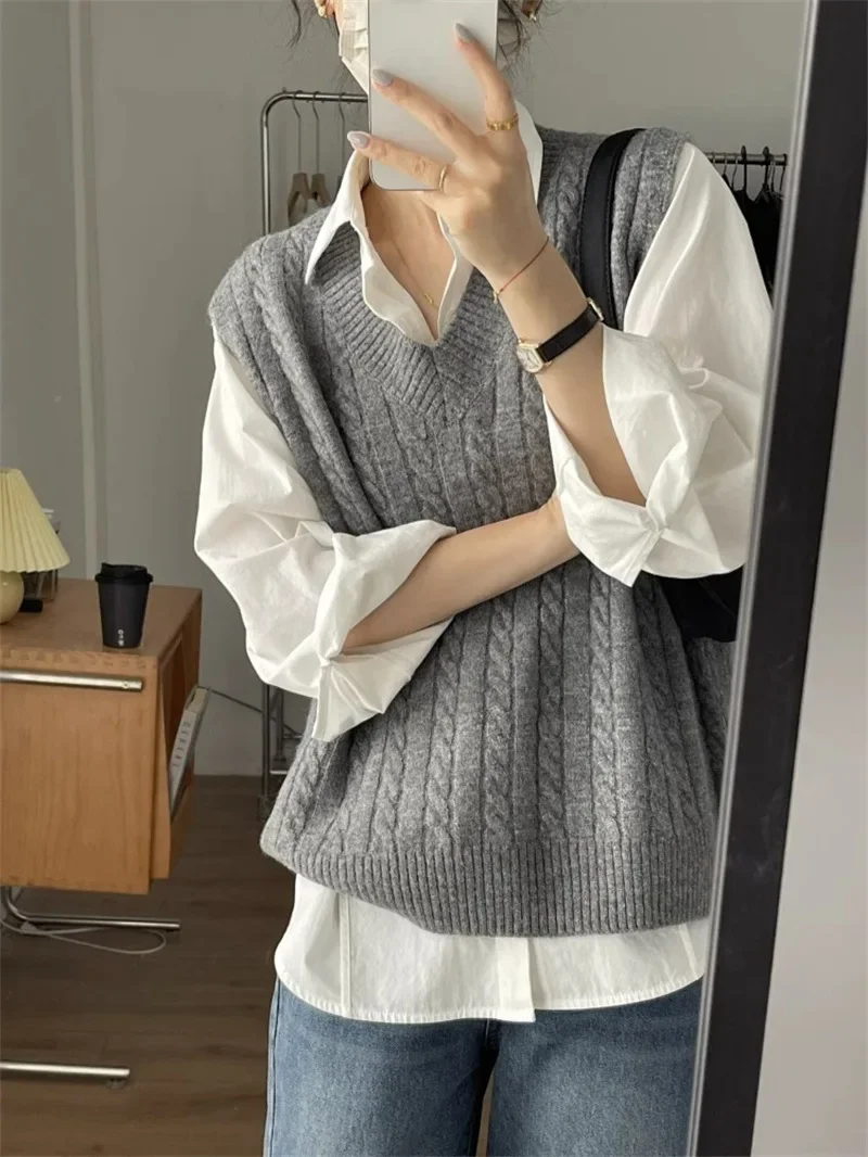 Sleeveless Sweater Vest Women Clothing Loose V Neck Pullover Jumpers Knitted High Street Solid Autumn Spliced Slight Strech