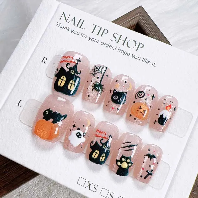 10枚入り ハロウィン キャットアイ パンプキン キュート ゴースト キャットアイ 手描き風 漫画風 雰囲気感 プレスオンネイル ネイルパッチ つけ爪