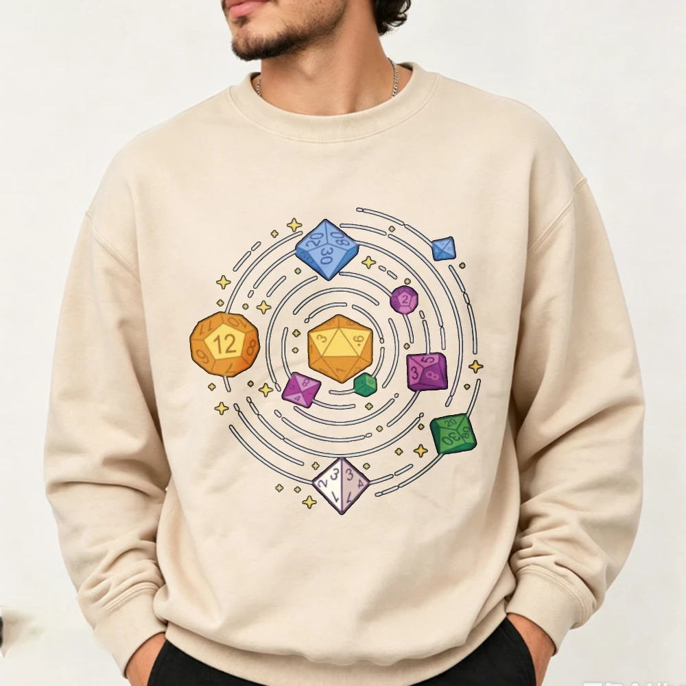 DND Dice Solar System Graphic Crewneck Sweatshirt Tabletop RPG Dungeons Dragons Colorful Dice Art Print Gamer Casual Pullover