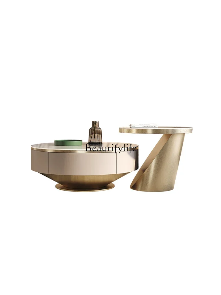 

lItalian light luxury round stainless steel solid wood with drawers modern simple rock slab coffee table
