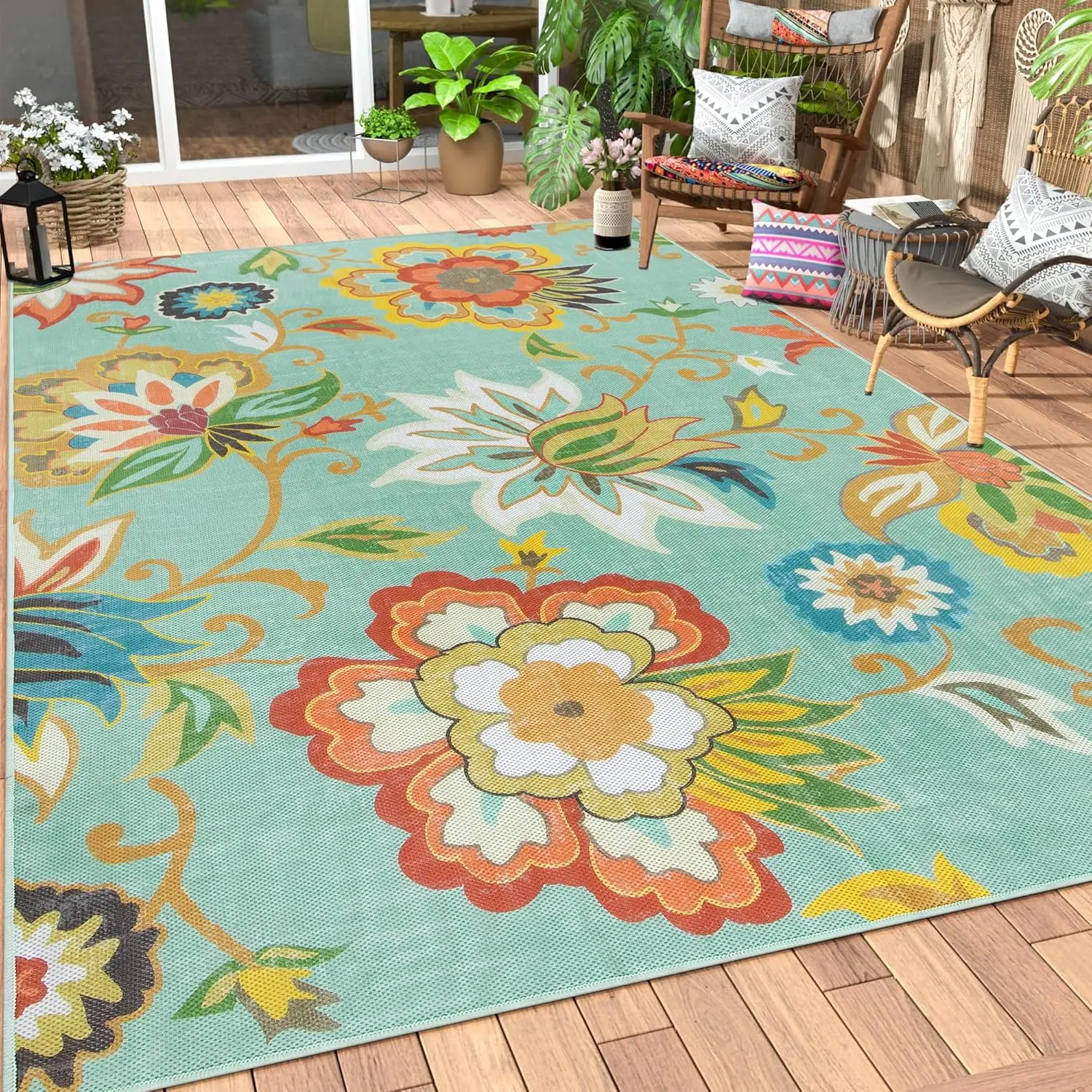 

Floral Indoor Outdoor Rugs, 6x9ft Non Slip Outdoor Patio Rug for Balcony Deck, Soft Outdoor Area Rug for Camping PicnicBackya