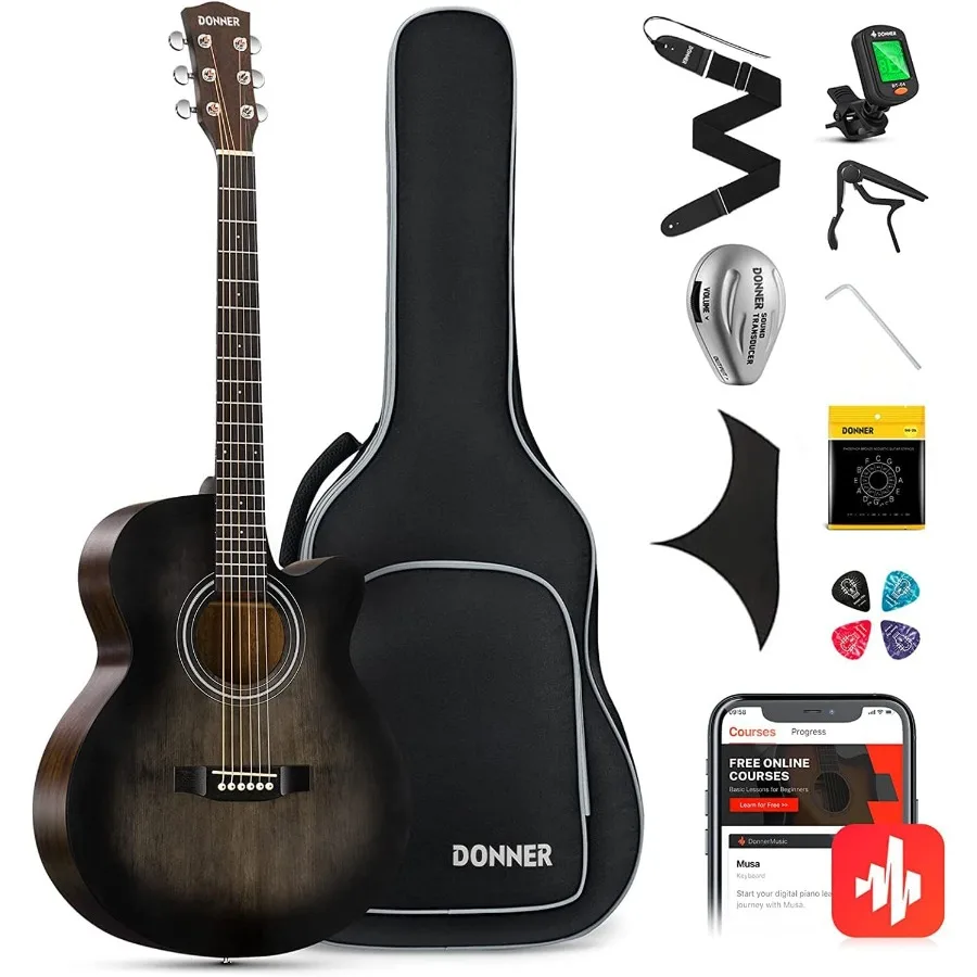 Guitarra acústica recortada de 40 pulgadas para adultos principiantes con pastilla Kit de paquete de lecciones en línea negro marrón DAJ-110CD Mini Jumbo de viaje