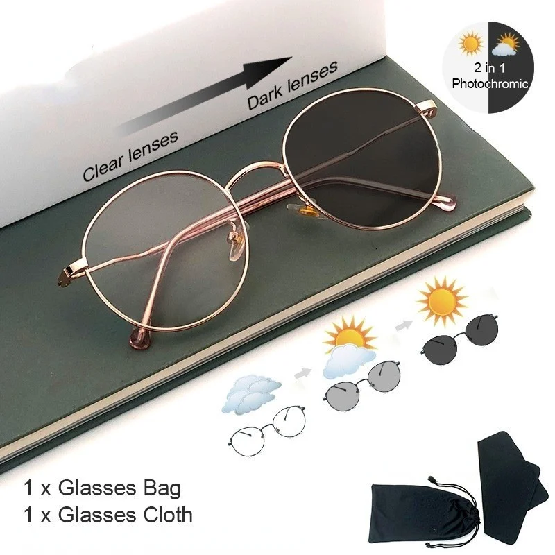 Photochrome Anti-Blaulicht-Brille, modische runde Brillenfassung, UV-Schutz, Outdoor-Strandsonnenbrille für Damen und Herren