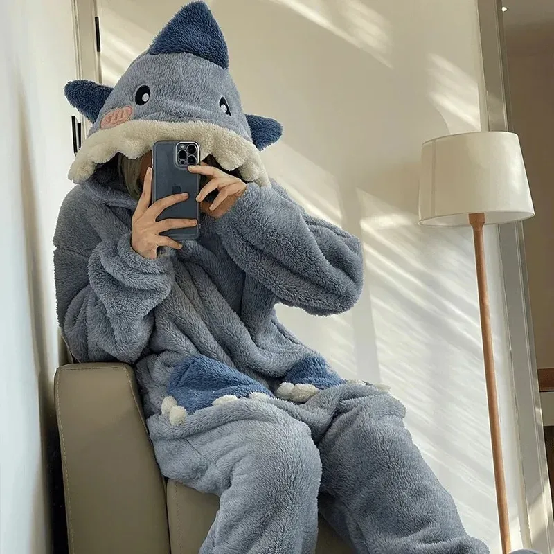 

25COS милая пижама с синей акулой, комбинезон с длинными рукавами, осенняя домашняя одежда с животными, зимняя одежда для сна, карнавальный костюм для женщин и мужчин