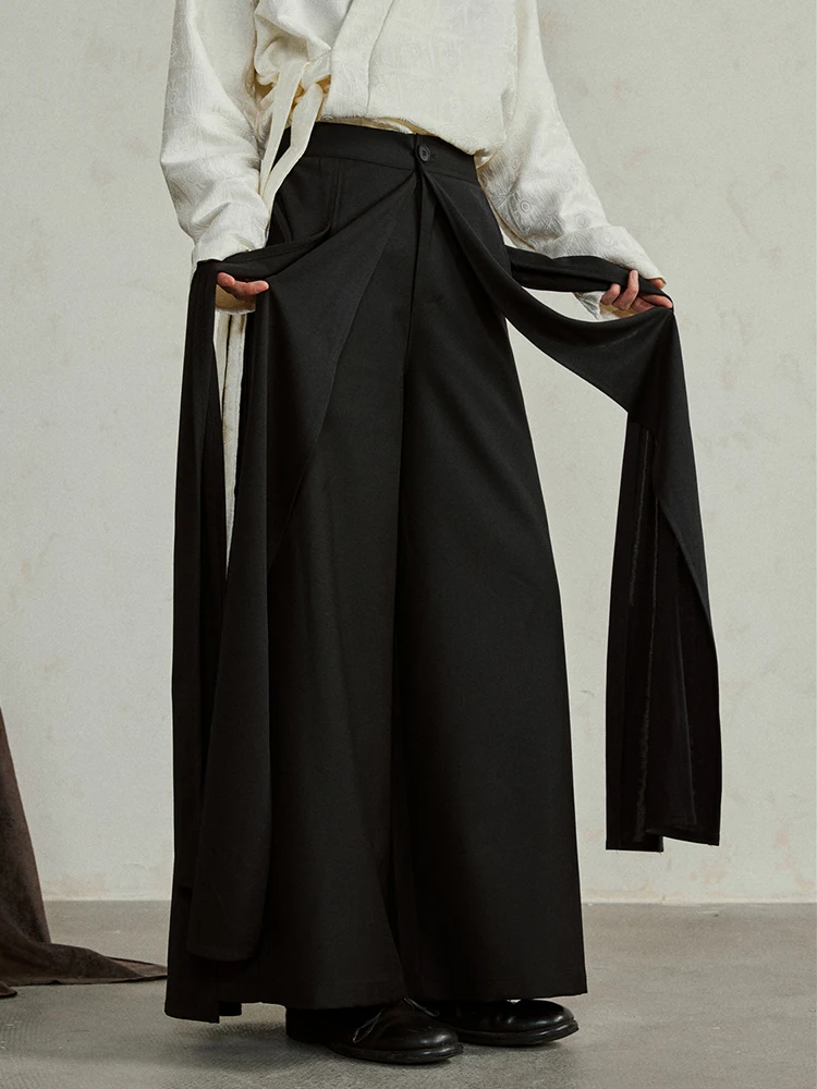 [EAM] High Waist Ribbons Black Pleated Long Casual Wide Leg Pants New Trousers Women Fashion Tide Spring Autumn 2025 1DH4237