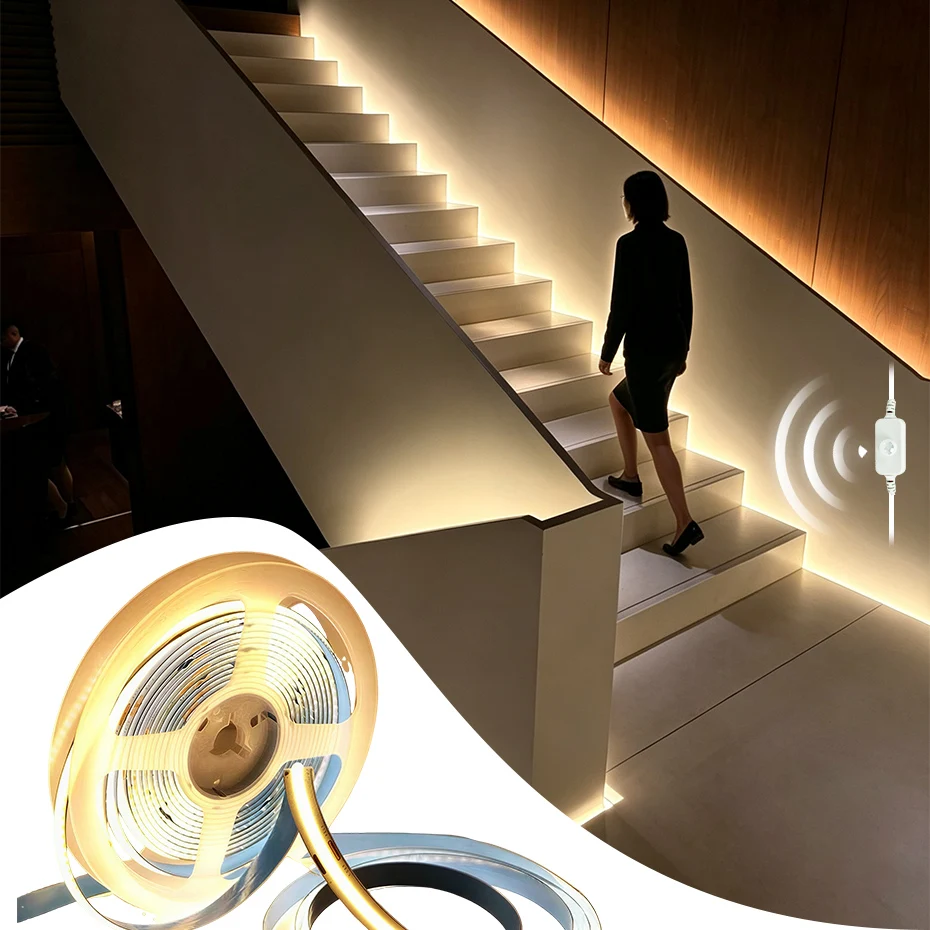 1M 2M 5M 10M Sensor Motion COB LED Strip Light 24V 320 LEDs/m EU AU US UK Plug COB Led Light For Stairs Closet Cabinet Lighting