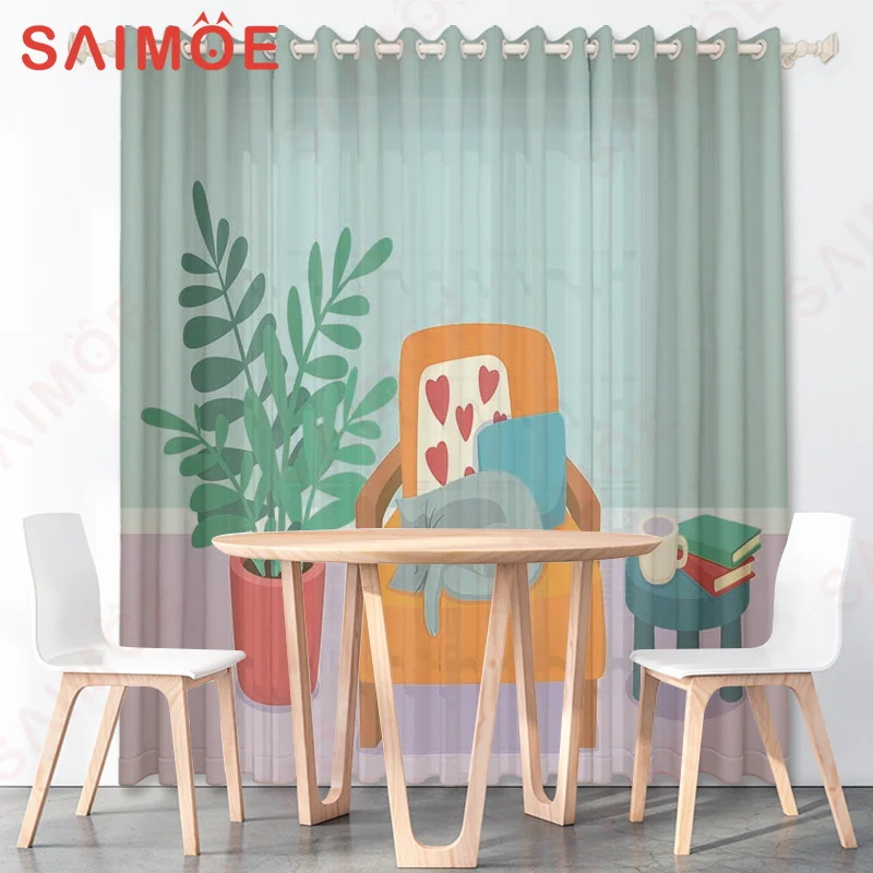 

3D Animal Kitten Plant Flower Green Leaf Nature Scenery Curtain Cute Cartoon Window Thin Fabric Polyester Home Office Decoration