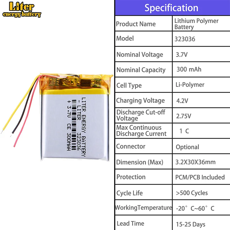 306080 2500mah 323036 300mah 357090 4000mah 3.7V polymer lithium battery - Multiple capacity options available