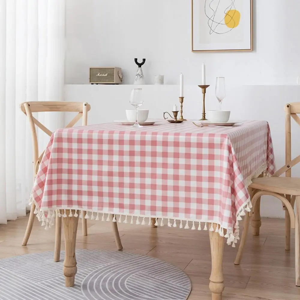 

Table Decor Linen Plaid Tablecloth Pastoral Style Waterproof Table Cover Rectangular with Tassel Table Runner Party