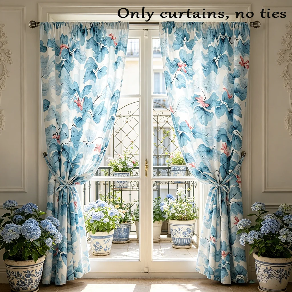 2PCS Curtains, Light Blue, Watercolor Ginkgo Leaf and Pink Floral Pattern, for Bedroom, Living Room, Rod Pocket Style