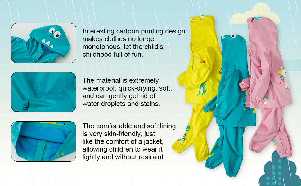 Herbst Winter Einhorn Druck Wasserdichte Kapuze Jacke + Hosen Anzüge Kinder Mädchen Jungen 2 stücke Casual Outdoor Regenmantel Sets Für kinder – Detail 3