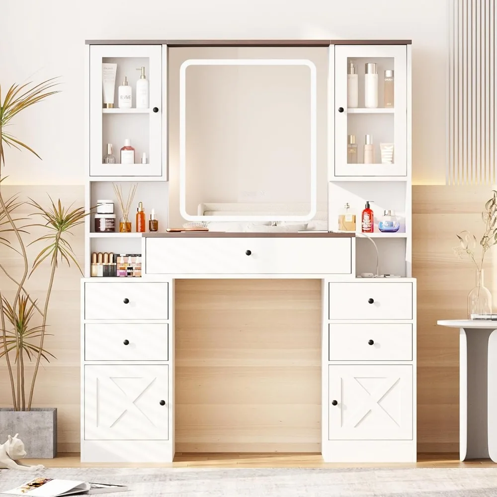 Meja Rias dengan Cermin dan Lampu, Meja Rias Rias dengan Strip Daya & Cermin Berlampu LED43in Meja Rias Besar dengan 5 Laci