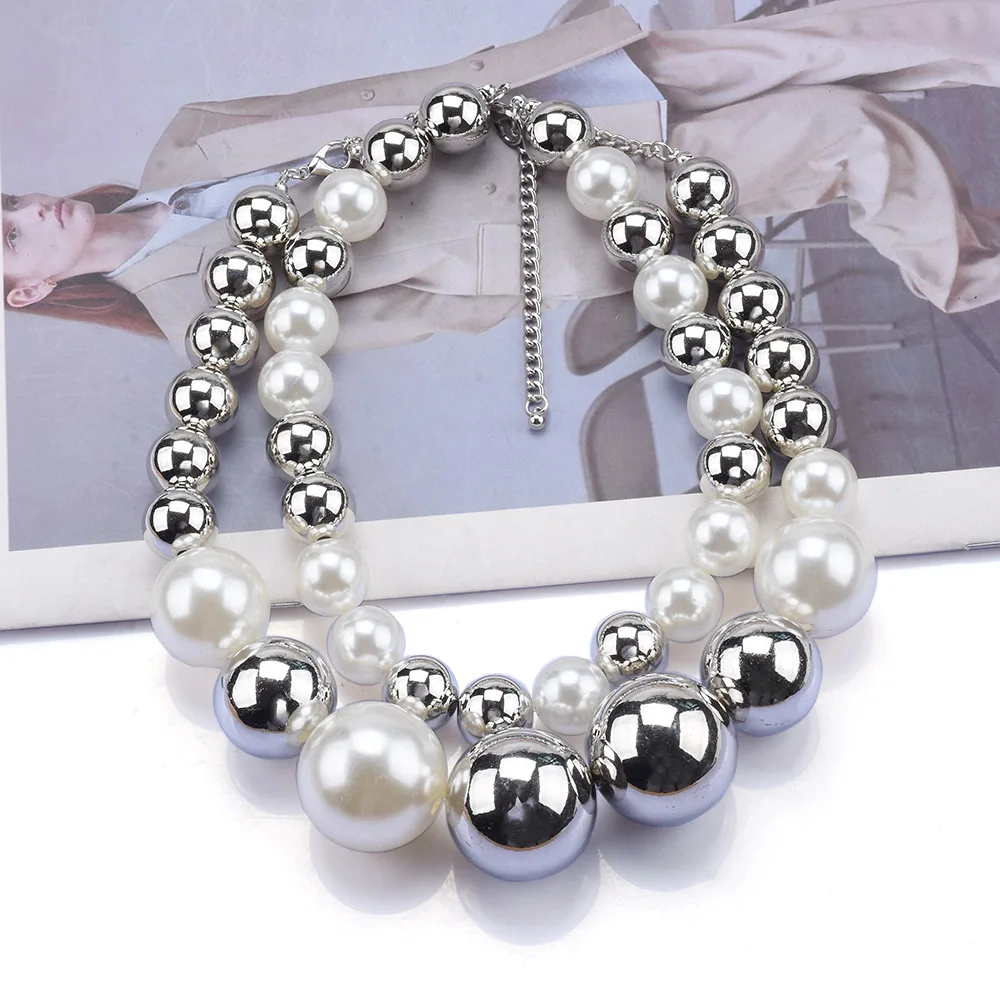 2024 New ZA Fashion Double Layer Imitation Pearls Large Collar Choker Necklace Women Silver Color Acrylic Beads Necklace Jewelry