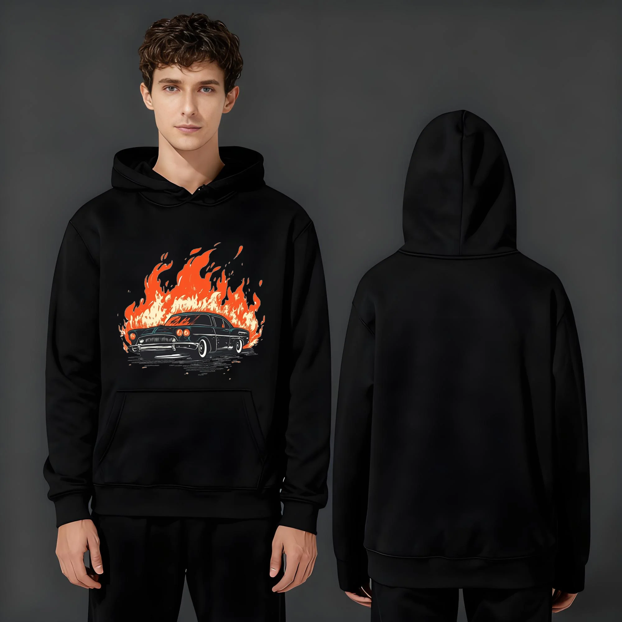 بلوفر فضفاض غير رسمي جديد 2025 Y2K 330 جرام للرجال والنساء يتميز بسيارة رياضية عصرية ومطبوعات لهب #1