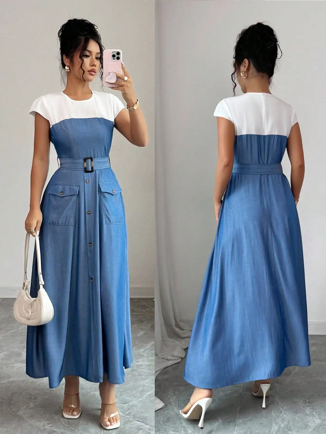 

Джинсовое макси-платье в стиле колор-блок с рукавами-крылышками, поясом на талии и передними карманами