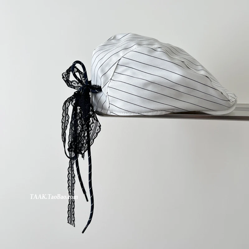 

Y2K милые и крутые кружевные береты с бантом для женщин, весенне-осенняя дорожная универсальная повседневная шляпа художника в полоску в стиле ретро