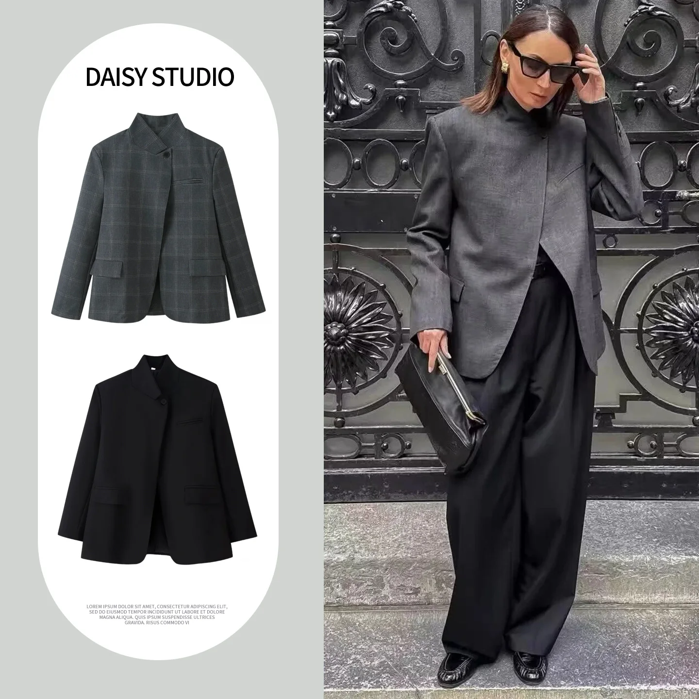 

Spring New Women's High Collar Long Sleeve Suit Jacket One Button Polyester Fiber Plaid Single Button Closure Fashionable