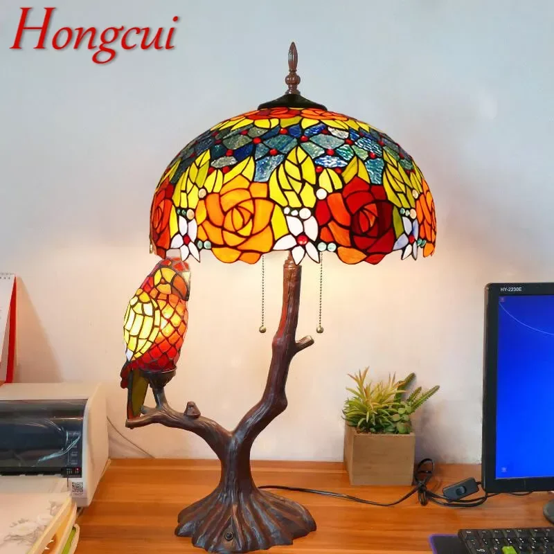 Hongcui Tiffany Table Lamp American Retro Living Room Bedroom Lamp Luxurious Villa Hotel  Stained Glass Desk Lamp