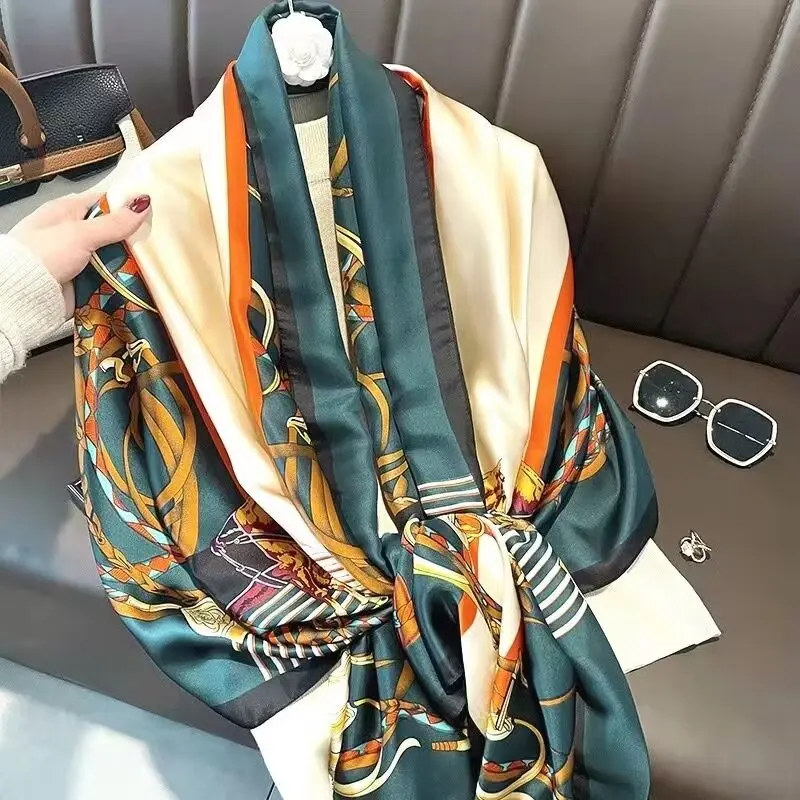 1 Stück 90x180cm Neuer Seidensatin-Schal, Künstlerischer Stil, Retro-Schal mit Pflanzen- und Blumendruck, Elegantes und leichtes Luxusgeschenk für Mama – Detail 12