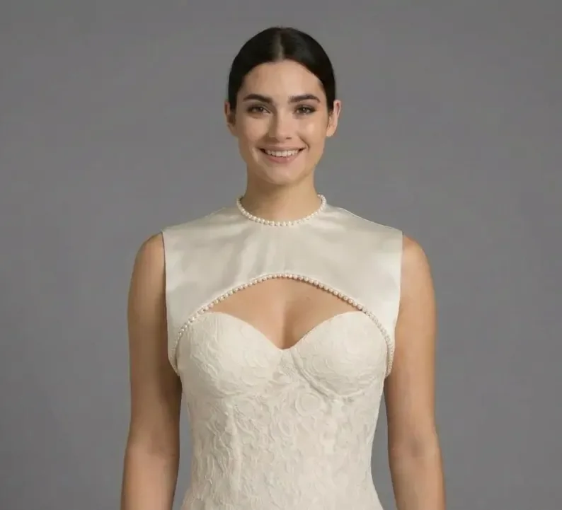 

Customized Satin Bridal Topper Pearl High Neck Short Wedding Bolero Sleeveless Bride Capes Women Shrugs