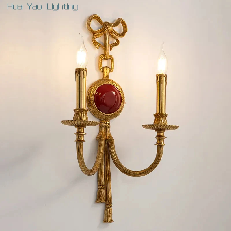 French Palace Retro Copper Wall Lamp European Villa Living Room Bedroom Bedside Study Luxury Dewaxed Copper Lamp