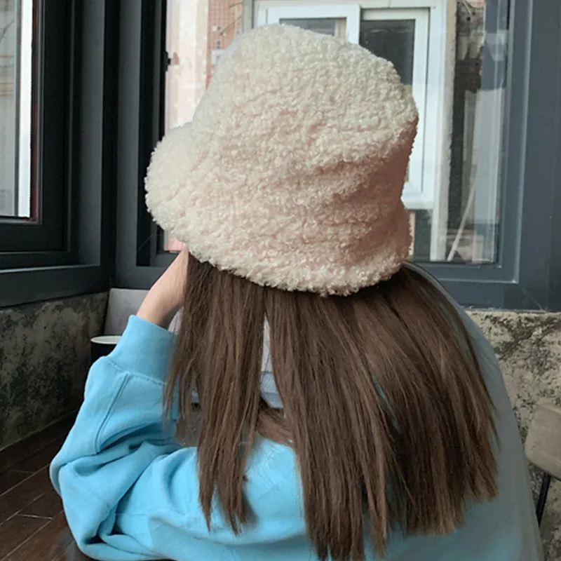 Winter Women Faux Fur Bucket Hat Outdoor Warm Lamb Black Solid Fluffy Fishing Cap Panama