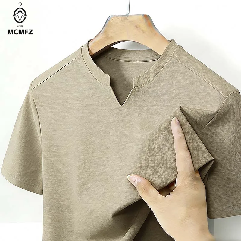 Men's Split Mandarin Collar Short Sleeve T-shirt Breathable Business Casual Office Tops