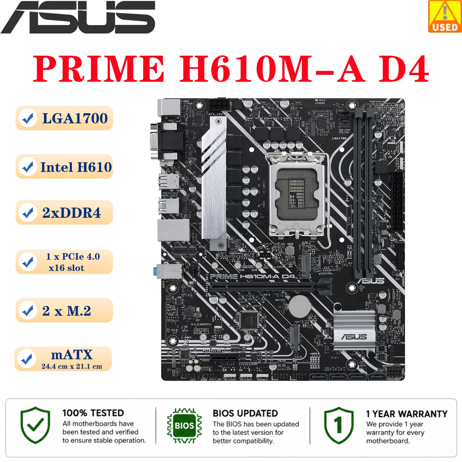 Tarjeta Madre ASUS PRIME H610M-A D4, Socket LGA1700, Compatible con CPU de 14ª, 13ª y 12ª Generación, Chipset de Memoria DDR4 3200, Placa Base H610 mATX