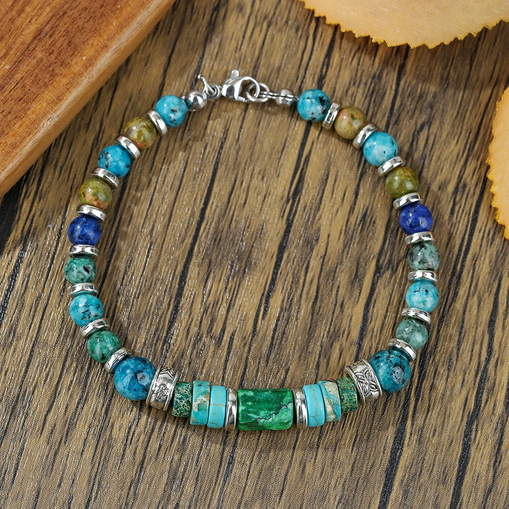 

Retro Turquoise Colorful Natural Tiger Eye Stone Beaded Bracelet & Bangle Mens Surfer Jewelry Accessories