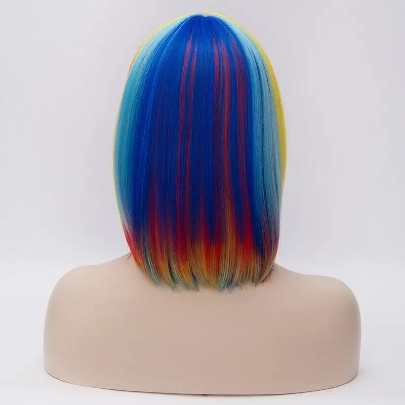 Peluca corta Multicolor para mujer, pelo liso de arcoíris, peluca completa para fiesta de Cosplay