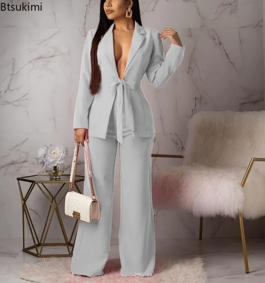 New 2024 Women\'s Formal Business Suit Sets Office Wear Two Piece Blazer Pants Sets Professional Woman Suit With Waist Tied Sets