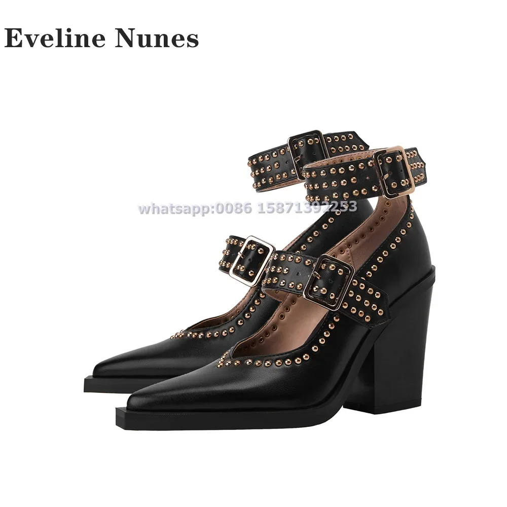 Rivet Belt Buckle Mary Janes Punk Retro Large Size Shoes 2024 Pointed Toe Chunky Heels Shallow V-Cut Buckle Strap Women Pumps