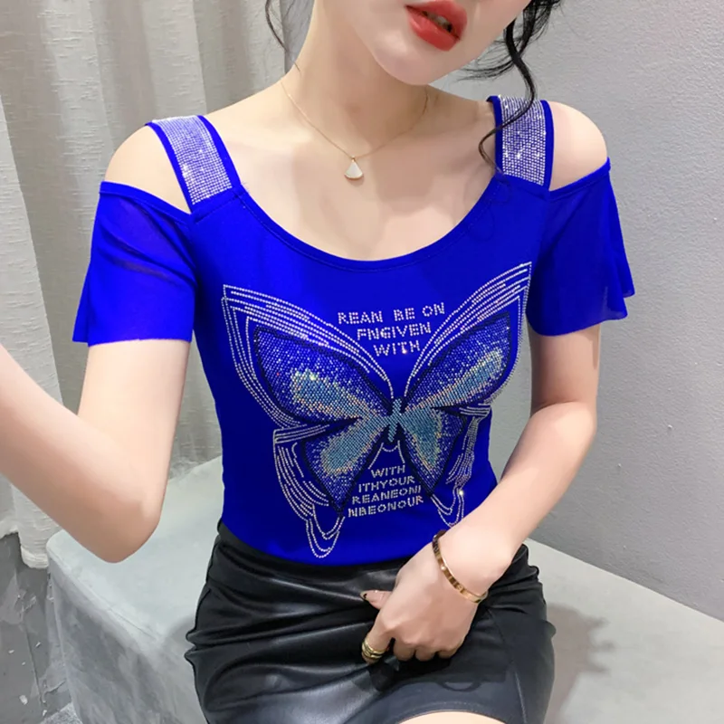 

Streetwear Girl Summer Fashion Butterfly Shiny Diamonds T-Shirt Chic Sexy Off Shoulder Tees Women Stretch Mesh All Match Tops