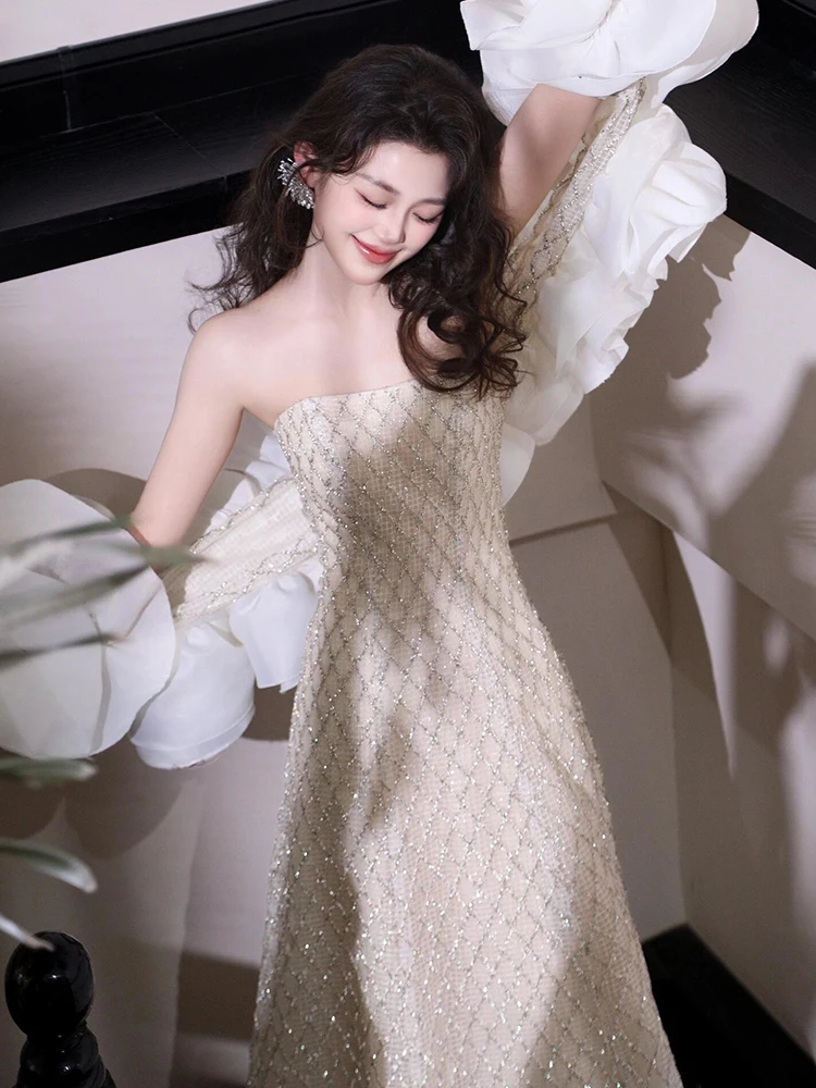 Ele Heavy Work Wedding Dr Lange A-lijn Rok Strapl Avondjurk voor Verloving Par Bruid Outfit Polyestervezel