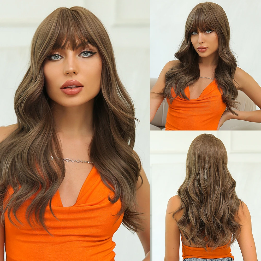 Brown Curly Wig with Bangs Lolita Cosplay Synthetic Heat Resistant Wavy Hair for Women Natural Look for Daily Party Wear