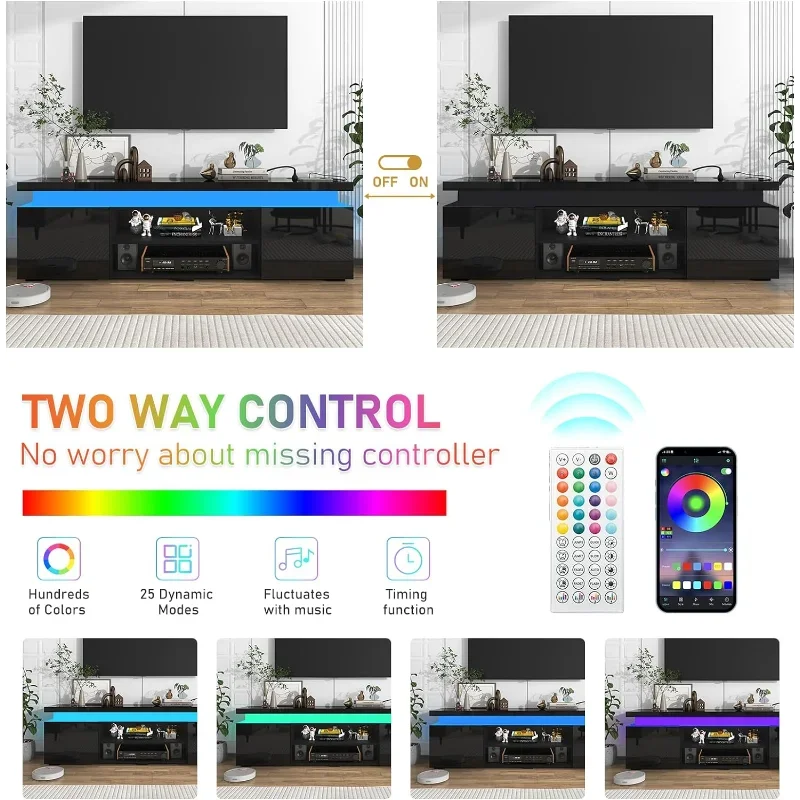 Hlivelood LED TV Stand for 75 Inch , Modern with Power Outlet, High Gloss Console Entertainment Center Storag