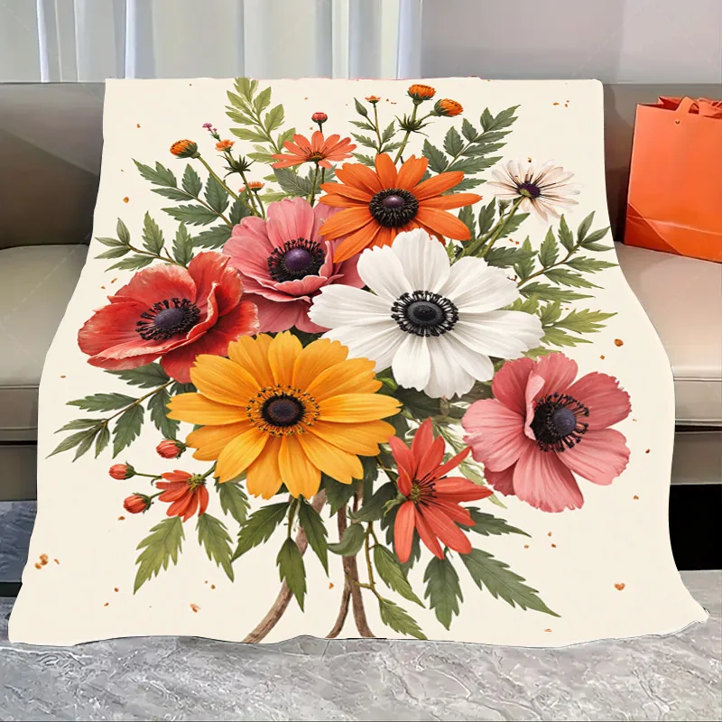 

1pc Flannel Blanket Vibrant Floral Bouquet Throw Blanket for Cozy Living Room Decor