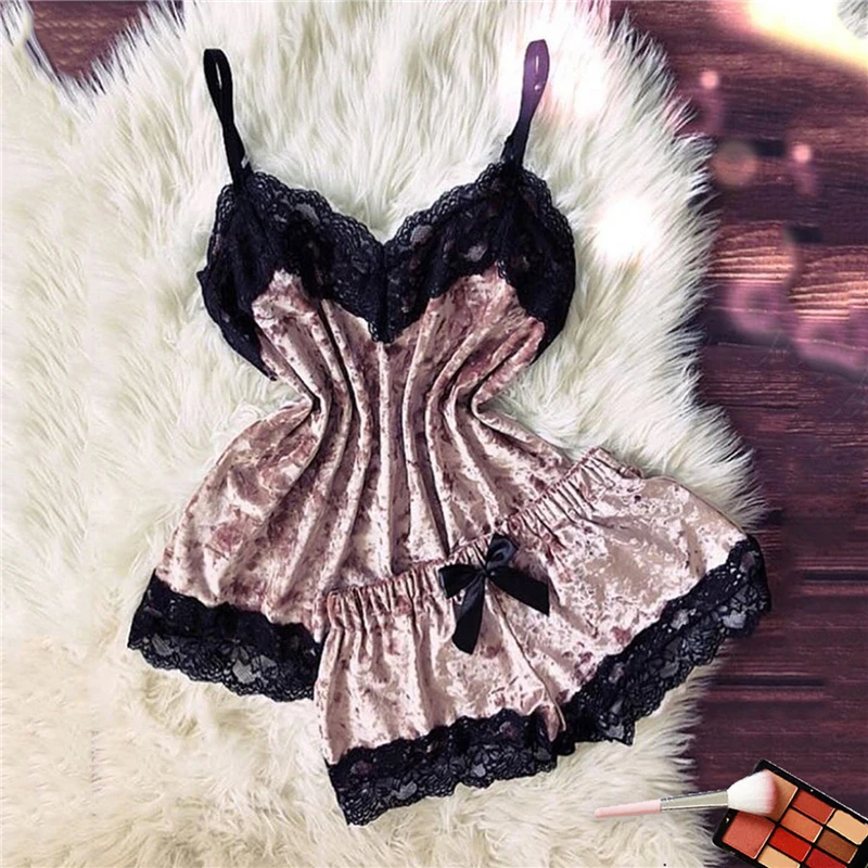 Sexy Lingerie Women Sleep Wear Camisole Bow Shorts V-Neck Tops Velvet Pajamas Sleepwear Women Clothing For Homewear