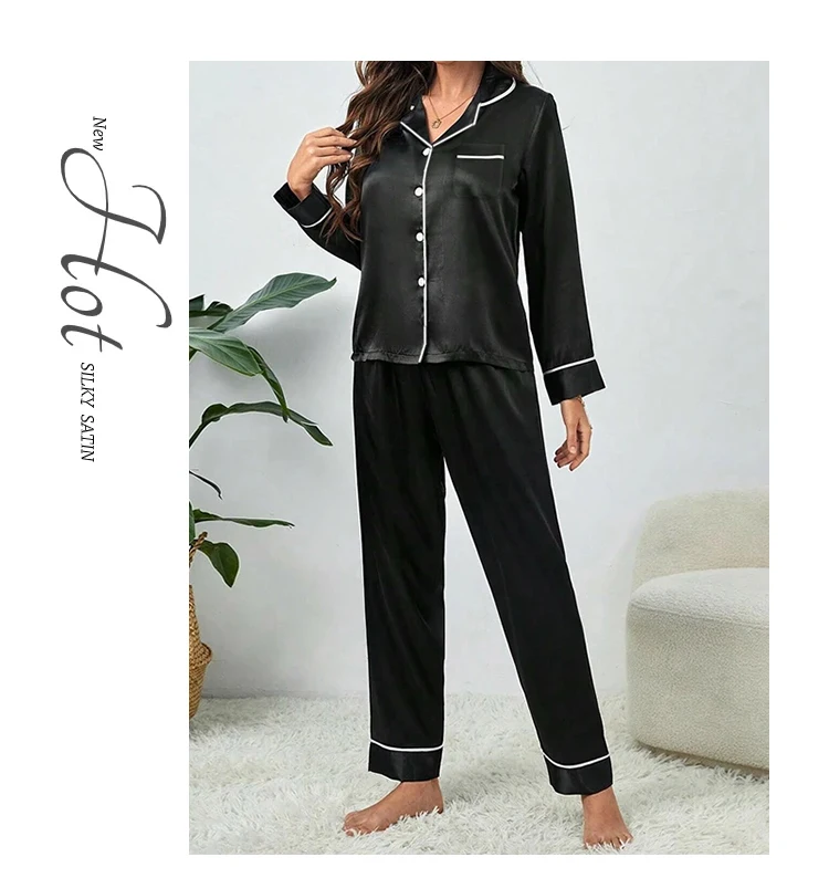 Plus Size Pyjamas Damen Herbst und Winter Eisseide Langarm Zweiteiliges Set Loungewear Nachtwäsche Damen Einfarbige Nachtwäsche – Detail 8
