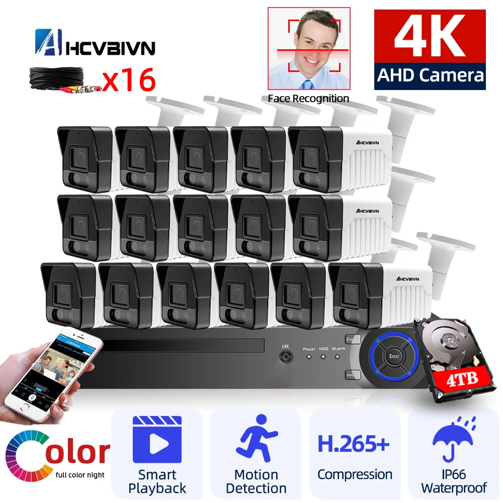 

16CH 4K Full Color Night Vision Home Monitoring Camera System 8MP DVR Video Surveillance Kit 8CH Motion Detection Analog Cam