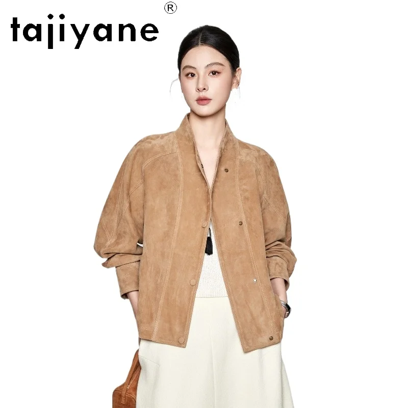 TAJIYANE 100% Suede Goatskin Loose Coat Women Vintage Casual Stand Collar Coats Short Genuine Leather Jacket Woman Clothing 2026