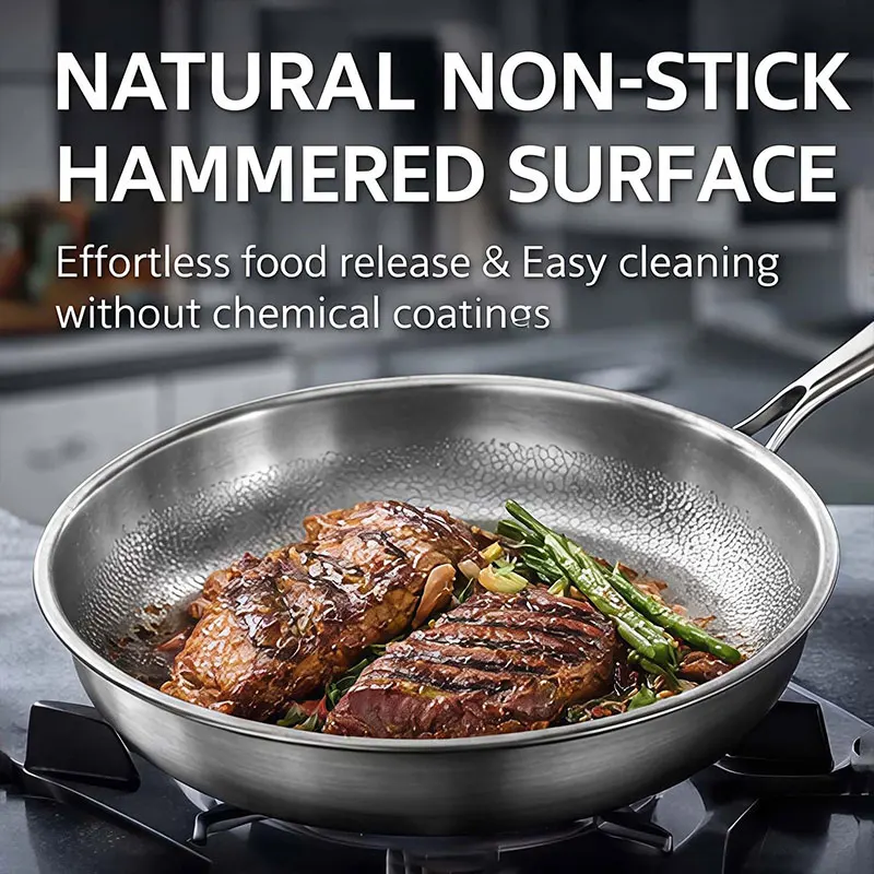 10”/11”/12” Tri-Ply Stainless Steel Frying Pan 3-layer Kitchen Cooking pans Fast Heating Chef's pan with Ergonomic Handles