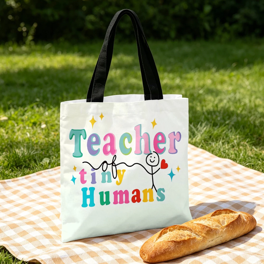 

Teacher Of Tiny Humans Handbag White Colorful Text Tote Bags And Makeup Bag Combination For Teachers Gift Portable Pouch