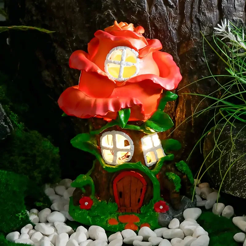 

Solar-Powered Rose Roof Fairy House with Glowing Windows, Magical Tree Trunk Cottage with Green Vines for Garden Decoration