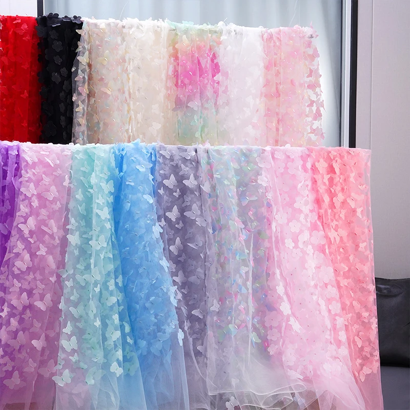 

3D Embroidered Butterfly Mesh Fabric Rainbow Gradient Handmade Tulle For Stage Costume Wedding Decoration DIY Dress Craft