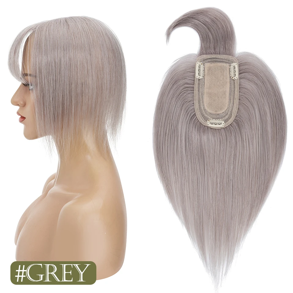 TESS Damen-Topper, 7 x 12,5 cm, Haaraufsätze mit Pony, Naturhaar-Perücke, Echthaar, Seidenbasis, Mittelteil, Haarspange in der Haarverlängerung – Detail 20