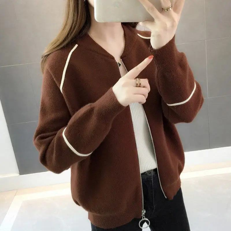 Sweaters Casual Fashion Loose Solid Color Cardigan Zipper Patchwork Long Sleeve Vintage O-neck Winter Knitting Women\'s Clothing