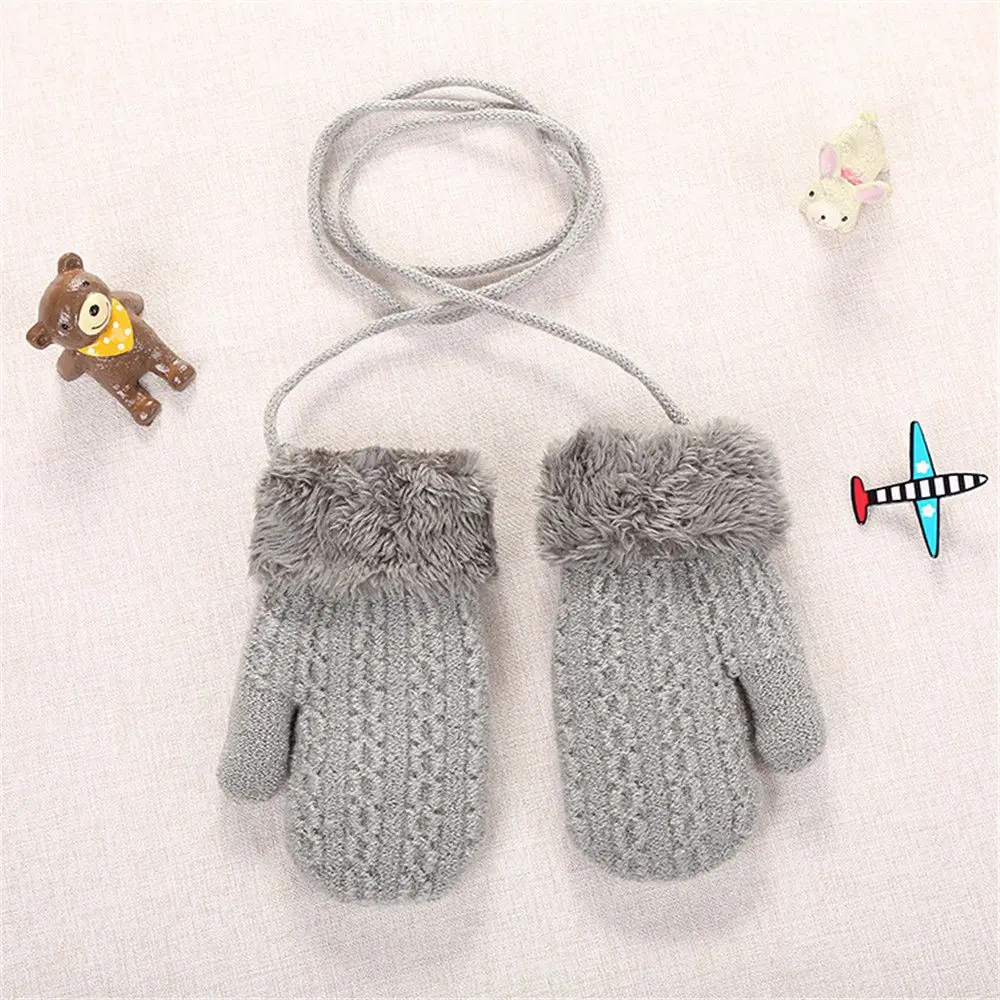 1Pair Children Mittens Winter Wool Knitted Gloves Faux Fur Thick Warm Cartoon Baby Boys Girls Hanging Neck Gloves For 1-4 Years